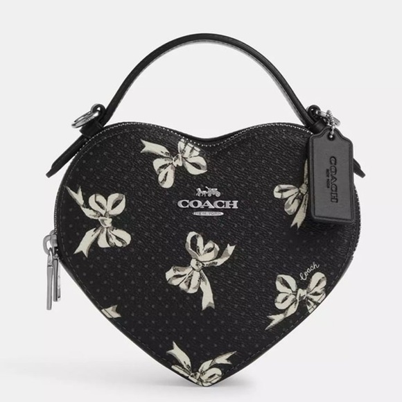 NWT COACH CAA99 Heart Crossbody Bag With Bow Print Canvas & Leather Black Multi - Picture 1 of 9